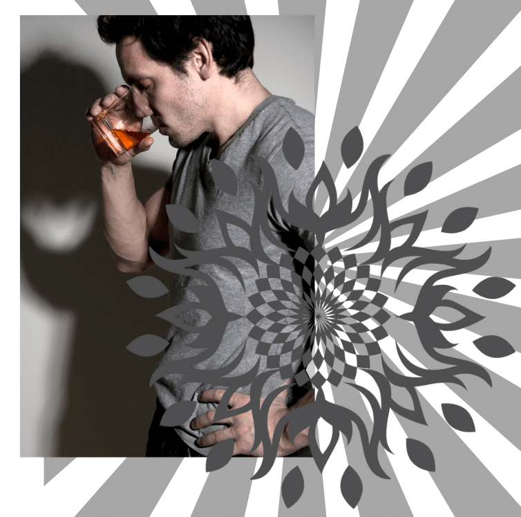 Collage of man drinking alone